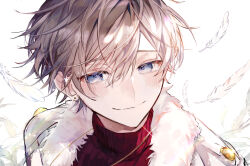 Rule 34 | 1boy, absurdres, blue eyes, blush, closed mouth, coat, feathers, fur-trimmed coat, fur trim, highres, light brown hair, looking at viewer, mahoutsukai no yakusoku, male focus, red sweater, rustica ferch, short hair, smile, solo, sweater, turtleneck, turtleneck sweater, u-sama (u summer0719), white background, white coat, white feathers
