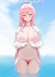 Rule 34 | 1girl, ahoge, bikini, blue archive, blush, braid, breasts, cleavage, cloud, cloudy sky, collarbone, commentary request, green eyes, grin, halo, hanako (blue archive), hanako (swimsuit) (blue archive), highres, large breasts, long hair, long sleeves, looking at viewer, navel, ocean, pink hair, pink nails, side braid, sky, smile, solo, straight-on, suzuya (maru), swimsuit, teeth, thighs, wading, wet, wet clothes