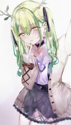 Rule 34 | 1girl, absurdres, antlers, blush, cardigan, casual, ceres fauna, ceres fauna (jirai kei), choker, earrings, flower, green hair, hair between eyes, hair flower, hair ornament, hair ribbon, highres, hololive, hololive english, horns, jewelry, leaf, long hair, mile (off8mile), mole, mole under eye, nail polish, official alternate costume, pink nails, ribbon, simple background, skirt, solo, twintails, v, v over mouth, virtual youtuber, yellow eyes