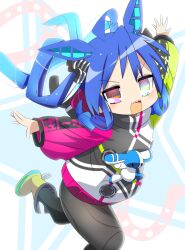 Rule 34 | 1girl, @ @, ahoge, animal ears, black jacket, black pants, blue eyes, blue hair, blush, boots, commentary request, foot out of frame, fusion, green jacket, heterochromia, highres, horse ears, horse girl, horseshoe, izumi konata, jacket, lets0020, long hair, long sleeves, looking at viewer, lucky star, medium bangs, multicolored clothes, multicolored jacket, open mouth, pants, pink jacket, purple eyes, sharp teeth, smile, solo, teeth, twin turbo (umamusume), twintails, umamusume, white jacket, yellow footwear