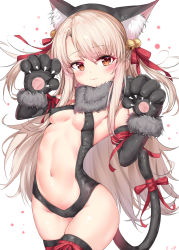 Rule 34 | 1girl, absurdres, animal ears, animal hands, areola slip, bell, black gloves, blonde hair, blush, breasts, cameltoe, cat ears, cat tail, closed mouth, covered erect nipples, cowboy shot, elbow gloves, fate/kaleid liner prisma illya, fate (series), fur collar, fur trim, gala (16901040), gloves, hair bell, hair ornament, hair ribbon, highres, illyasviel von einzbern, illyasviel von einzbern (beast style), long hair, looking at viewer, official alternate costume, orange eyes, paw gloves, red ribbon, revealing clothes, ribbon, simple background, small breasts, solo, standing, stomach, tail, white background