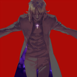 Rule 34 | 1boy, cassock, cross, fate/stay night, fate (series), hair over eyes, kotomine kirei, long coat, male focus, muted color, outstretched arms, rei (sanbonzakura), simple background, smile, solo