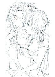 Rule 34 | 2girls, bare shoulders, collarbone, closed eyes, greyscale, hair over one eye, hug, hug from behind, jewelry, kyo (kuroichigo), lineart, long hair, monochrome, multiple girls, necklace, off shoulder, open mouth, original, pointy ears, signature, sketch, yuri