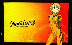 Rule 34 | 1girl, arms behind back, blonde hair, bodysuit, cosplay, gloves, hair ornament, hairclip, ichii yui, logo, long hair, low twintails, neon genesis evangelion, plugsuit, ramo, rubber band, short twintails, skin tight, smile, solo, souryuu asuka langley (cosplay), standing, twintails, yellow eyes, yuyushiki