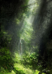 Rule 34 | day, fantasy, forest, grass, hachiya shohei, highres, nature, no humans, original, outdoors, planted, planted sword, planted weapon, scenery, signature, sunlight, sword, weapon