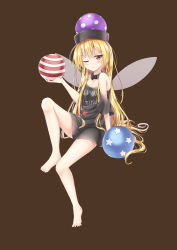 Rule 34 | 1girl, absurdres, akiteru (akiteru98), bare shoulders, barefoot, black shirt, blonde hair, blush, brown footwear, clothes writing, clownpiece, collar, commentary request, cosplay, fairy wings, full body, hat, hecatia lapislazuli, hecatia lapislazuli (cosplay), highres, holding, invisible chair, knee up, long hair, looking at viewer, metal collar, naked shirt, one eye closed, parted lips, red eyes, shirt, simple background, sitting, solo, touhou, wings