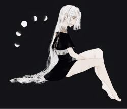 Rule 34 | 1girl, barefoot, between legs, black background, black dress, brown eyes, dress, hand between legs, highres, long hair, moon, moon phases, original, profile, shirone (coxo ii), simple background, sitting, solo, very long hair