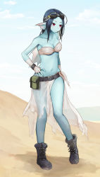 Rule 34 | 1girl, aqua hair, bandeau, belt, bikini, blue hair, blue skin, boots, breasts, cleavage, colored skin, desert, dragon quest, dragon quest x, fingerless gloves, fins, full body, gloves, goggles, goggles on head, hand on own hip, head fins, highres, kz ripo, looking down, mad max, mad max: fury road, medium breasts, monster girl, navel, pouch, purple eyes, sand, sarong, sky, solo, standing, swimsuit, weddie (dq10), white bikini