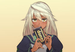 Rule 34 | 1girl, blush, candy, chocolate, chocolate bar, commentary request, covered mouth, dark skin, dark-skinned female, food, guilty gear, guilty gear xrd, long hair, looking at viewer, pinky out, platinum blonde hair, ramlethal valentine, school uniform, shouma (bravespiritya), solo, valentine, yellow background, yellow eyes