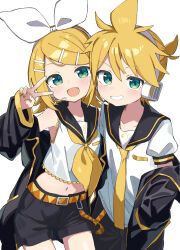 Rule 34 | 1boy, 1girl, bass clef, belt, blonde hair, blush, bow hairband, collarbone, green eyes, hair between eyes, hair ornament, hairband, hairclip, headphones, highres, jacket, kagamine len, kagamine rin, looking at viewer, maud0239, midriff, navel, neckerchief, necktie, open mouth, oversized clothes, short hair, short shorts, short sleeves, shorts, siblings, sleeveless, treble clef, twins, vocaloid, white background