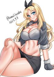 Rule 34 | 1girl, absurdres, black hairband, blonde hair, blue eyes, bra, breasts, cleavage, feet out of frame, fingerless gloves, gloves, grey bra, grey choker, grey gloves, grey jacket, grey skirt, hairband, hand on own knee, highres, jacket, kantai collection, katou shinobu, large breasts, long hair, midriff, nelson (kancolle), one-hour drawing challenge, open clothes, open jacket, pencil skirt, pleated skirt, race queen, simple background, single glove, skirt, smile, solo, underwear, white background