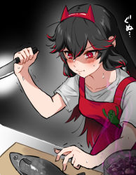 Rule 34 | 1girl, apron, bad food, blush, closed mouth, cutting board, fish, hair between eyes, headband, holding, holding knife, knife, long hair, looking at food, lucia: lotus (punishing: gray raven), lucia (punishing: gray raven), pot, punishing: gray raven, red eyes, red hair, sachiko y, shirt, short sleeves, solo, sweat, table, white shirt
