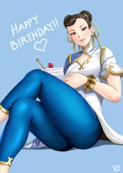 Rule 34 | 1girl, black hair, blue background, blue leggings, breasts, cake, cake slice, capcom, china dress, chinese clothes, chun-li, cleavage cutout, clothing cutout, commentary request, crossed legs, double bun, dress, earrings, feet out of frame, finalcake, food, fork, hair bun, hair ribbon, happy birthday, highres, holding, holding fork, jewelry, leggings, mature female, medium breasts, ribbon, short hair, sitting, solo, street fighter, street fighter 6, stud earrings, thick thighs, thighs