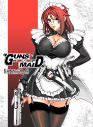 Rule 34 | 1girl, combat maid, fei (maidoll), garter straps, glasses, gun, maid, original, red hair, short hair, solo, thighhighs, weapon