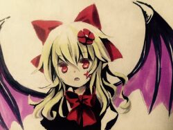Rule 34 | 1girl, bat wings, black vest, blonde hair, commentary request, elis (touhou), facial mark, flower, hair between eyes, hair flower, hair ornament, hair ribbon, kaigen 1025, looking at viewer, marker (medium), medium hair, neck ribbon, open mouth, purple wings, red eyes, red flower, red ribbon, ribbon, shirt, solo, star (symbol), star facial mark, teeth, touhou, touhou (pc-98), traditional media, upper teeth only, vest, wavy hair, white shirt, wings