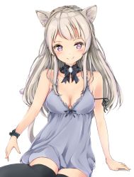 Rule 34 | 1girl, animal ears, bare shoulders, black bow, black bowtie, black thighhighs, blush, bow, bowtie, brooch, cat ears, cat girl, cat tail, closed mouth, collarbone, commentary request, detached collar, dress, head tilt, jewelry, long hair, looking at viewer, original, over-kneehighs, purple dress, purple eyes, shimamuucho, sidelocks, silver hair, simple background, sleeveless, sleeveless dress, smile, solo, tail, thighhighs, white background