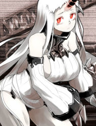 Rule 34 | 10s, 1girl, abyssal ship, breasts, detached sleeves, dress, horns, kantai collection, large breasts, long hair, oso (toolate), pale skin, red eyes, ribbed dress, seaport princess, single horn, solo, white hair