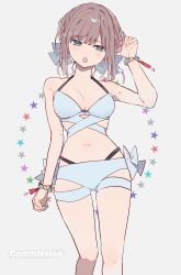 Rule 34 | 1girl, :o, aqua eyes, arm up, bead bracelet, beads, bikini, bikini shorts, blue bikini, bow, bow bikini, bracelet, braid, breasts, brown hair, chestnut mouth, clothing cutout, commentary request, commission, feet out of frame, grey background, hair bow, halterneck, highres, i7, jewelry, medium breasts, open mouth, original, partial commentary, shorts, simple background, solo, standing, star (symbol), swimsuit