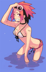 Rule 34 | 1girl, arm up, bandaid, bandaid on face, bikini, bikini top only, blush, breasts, cleavage, collarbone, front-tie top, goggles, goggles on head, grin, leaning forward, mafin, medium breasts, multicolored hair, one eye closed, open fly, original, pink eyes, red hair, rumie, short shorts, shorts, smile, solo, swimsuit, wading, water, wink