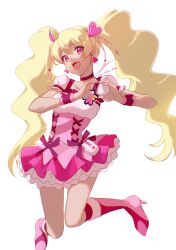 Rule 34 | absurdres, blonde hair, boots, choker, cure peach, dress, fresh precure!, frills, full body, hair between eyes, hair ornament, heart, heart hair ornament, heart hands, highres, long hair, looking at viewer, mishiba blue, momozono love, open mouth, pink choker, pink dress, pink footwear, pouch, precure, puffy short sleeves, puffy sleeves, short sleeves, signature, simple background, smile, twintails, twitter username, very long hair, white background