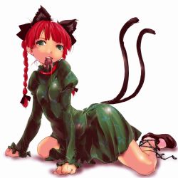 Rule 34 | 1girl, all fours, animal ears, bow, braid, cat ears, cat girl, cat tail, extra ears, female focus, green eyes, hair bow, kaenbyou rin, kneeling, kuruwa (artist), long hair, mouse (animal), mouth hold, multiple tails, paw pose, solo, tail, teoshiguruma, touhou, twin braids, twintails
