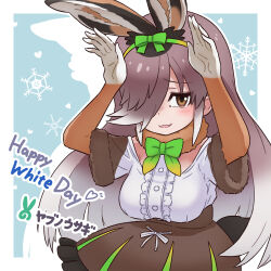 Rule 34 | 1girl, animal ears, blue background, bow, bowtie, brown eyes, brown hair, da (bobafett), dress, elbow gloves, european hare (kemono friends), extra ears, gloves, grey hair, hair over one eye, kemono friends, long hair, looking at viewer, rabbit ears, rabbit girl, rabbit tail, ribbon, simple background, skirt, solo, tail