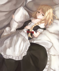 Rule 34 | 1girl, :o, apron, bad id, bad pixiv id, blonde hair, blush, braid, chemise, flat chest, highres, kirisame marisa, long hair, lying, messy hair, hugging object, off shoulder, on back, on bed, open clothes, open vest, pillow, pillow hug, puffy short sleeves, puffy sleeves, short sleeves, single braid, skirt, skirt set, sleepy, solo, touhou, vest, waist apron, yellow eyes, yukitourou