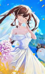 Rule 34 | 1girl, absurdres, alt text, brown hair, crying, crying with eyes open, dress, flat chest, flower, flower-shaped pupils, genshin impact, ghost, hat, highres, hu tao (genshin impact), long hair, milil, one eye closed, outdoors, plum blossoms, porkpie hat, red eyes, symbol-shaped pupils, tears, wedding dress