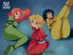 Rule 34 | 3girls, alex (totally spies), arms behind back, artist name, bdsm, blonde hair, blue eyes, blue hair, bluethebone, bodysuit, bound, breast bondage, breasts, clover (totally spies), commentary, english commentary, english text, frown, green bodysuit, green eyes, legs up, long hair, looking at viewer, lying, medium breasts, multiple girls, on back, on side, red bodysuit, red hair, restrained, retro artstyle, sam (totally spies), shibari, short hair, sitting, subtitled, tied up, totally spies, yellow bodysuit