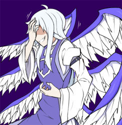 Rule 34 | 1girl, ahoge, angel wings, aqua hair, armband, bad id, bad pixiv id, blue background, blue dress, crazy grin, dress, hand in own hair, hand on own face, kenuu (kenny), layered dress, long hair, long sleeves, multiple wings, sariel (touhou), shaded face, sidelocks, simple background, sleeveless, sleeveless dress, solo, teeth, touhou, touhou (pc-98), trembling, very long hair, white dress, wings