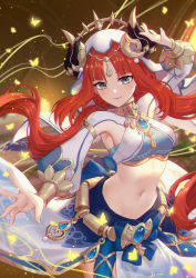 Rule 34 | 1girl, absurdres, breasts, brooch, commentary request, cowboy shot, crop top, genshin impact, grey eyes, highres, horns, jewelry, linreplica, long hair, looking at viewer, medium breasts, midriff, navel, nilou (genshin impact), red hair, skirt, smile, solo, standing, stomach, veil, very long hair