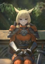 1girl animal_ears armor warrior_of_light_(ff14) blonde_hair blunt_ends breasts brown_eyes cat_ears facial_mark final_fantasy final_fantasy_xiv gauntlets highres miqo&#039;te nito_(nshtntr) shield sidelocks sitting small_breasts smile solo sword thick_eyebrows weapon whisker_markings