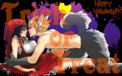Rule 34 | 1990s (style), 1boy, 1girl, all fours, animal ears, black hair, blonde hair, blue eyes, cloud strife, eye contact, final fantasy, final fantasy vii, halloween, leaning back, looking at another, red eyes, ru-s13, sitting, tail, tifa lockhart
