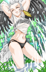 Rule 34 | 1girl, arms behind head, arms up, bad id, bad pixiv id, bare arms, bikini, bikini under clothes, bird girl, bird tail, bird wings, black bikini, black hair, blonde hair, blurry, blurry foreground, day, dutch angle, closed eyes, feathered wings, feet out of frame, grass, grey hair, head wings, highres, kemono friends, long hair, midriff, multicolored hair, navel, open mouth, outdoors, saijou k, see-through, shirt, shoebill (kemono friends), short sleeves, solo, splashing, spread wings, standing, stomach, strapless, strapless bikini, swimsuit, tail, tied shirt, wading, water, wet, wet clothes, wet shirt, white shirt, wings
