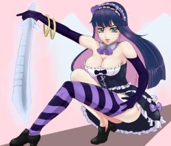 Rule 34 | 10s, 1girl, back lace, bare shoulders, breasts, cleavage, detached collar, elbow gloves, gloves, large breasts, long hair, looking at viewer, multicolored hair, no bra, panty &amp; stocking with garterbelt, purple hair, sakuama, solo, stocking (psg), sword, two-tone hair, weapon