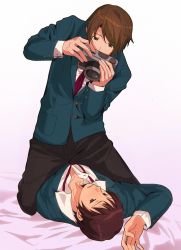 Rule 34 | 2boys, blazer, boy on top, brown eyes, brown hair, brown pants, camera, commentary request, green jacket, highres, holding, holding camera, jacket, kita high school uniform, kl (reikishikl), koizumi itsuki, kyon, long sleeves, looking at another, lying, male focus, multiple boys, necktie, on back, on bed, open clothes, open jacket, pants, pocket, red necktie, school uniform, shirt, short hair, simple background, suzumiya haruhi no yuuutsu, white background, white shirt