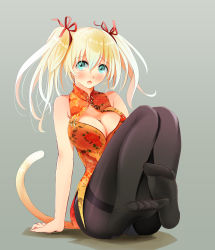 Rule 34 | 1girl, absurdres, aqua eyes, bad id, bad pixiv id, black pantyhose, blonde hair, breasts, cat tail, china dress, chinese clothes, cleavage, commentary, dated, dress, feet, grey background, hair ribbon, highres, large breasts, looking at viewer, no shoes, original, panties, panties under pantyhose, pantyhose, pantyshot, ribbon, sitting, soles, solo, tail, tareme, tebi (tbd11), textless version, toes, translated, twintails, underwear, white panties