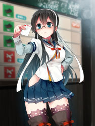 Rule 34 | 10s, 1girl, :/, black hair, blue eyes, blush, brown thighhighs, flower, gameplay mechanics, glasses, highres, holding, kantai collection, kuro chairo no neko, lace, lace-trimmed legwear, lace trim, long hair, ooyodo (kancolle), ribbon, school uniform, skirt, solo, thighhighs