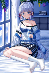 Rule 34 | 1girl, :o, absurdres, alternate costume, ayaka (genshin impact), bed, black jacket, blue eyes, blue hair, blunt bangs, breasts, cup, curtains, disposable cup, feet, genshin impact, hair ornament, hair ribbon, highres, holding, holding cup, jacket, light blue hair, long hair, long sleeves, looking at viewer, medium breasts, mole, mole under eye, multicolored shirt, open mouth, ponytail, ribbon, shirt, skym (kumei), solo, thighhighs, toes, white jacket, white shirt, white thighhighs, window