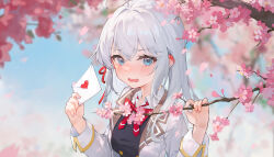 1girl absurdres ahoge alisa_mikhailovna_kujou blue_eyes blush bow bowtie branch breasts cherry_blossoms collared_shirt commentary_request crossed_bangs grey_hair hair_between_eyes hair_ribbon highres holding holding_branch holding_letter jacket letter long_hair looking_at_viewer love_letter open_mouth red_plate_(kyuu45) red_ribbon ribbon school_uniform seiren_academy_school_uniform shirt solo teeth tokidoki_bosotto_roshia-go_de_dereru_tonari_no_alya-san tongue upper_teeth_only