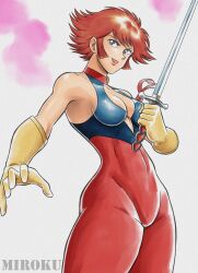 Rule 34 | 1girl, armband, armpits, artist name, blue eyes, breasts, choker, cleavage, cleavage cutout, clothing cutout, collarbone, cutie honey, cutie honey (character), eyelashes, gloves, grin, highres, holding, holding weapon, impossible clothes, looking up, magical girl, medium breasts, miroku (miroku t), nagai gou (style), official style, parody, red hair, red lips, retro artstyle, short hair, sidelocks, simple background, smile, solo, standing, style parody, sword, thick thighs, thighs, two-tone bodysuit, weapon, yellow gloves