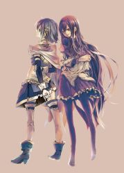 Rule 34 | 10s, 2girls, akemi homura, beige background, black hair, blue eyes, blue hair, boots, cape, ego6, fortissimo, gloves, hair ornament, hairband, hairclip, high heels, long hair, looking at another, looking at viewer, looking back, magical girl, mahou shoujo madoka magica, mahou shoujo madoka magica (anime), miki sayaka, multiple girls, musical note, musical note hair ornament, pantyhose, pinky out, purple eyes, short hair, simple background, skirt, smile, thighhighs, very long hair, white gloves, white legwear, zettai ryouiki