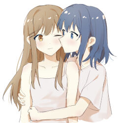 2girls adachi_sakura adachi_to_shimamura blue_eyes blue_hair brown_eyes brown_hair camisole closed_mouth commentary_request hand_on_another&#039;s_arm hand_on_another&#039;s_waist kiss kissing_cheek lrhwushang medium_hair multiple_girls shimamura_hougetsu shirt short_sleeves simple_background smile upper_body white_background white_camisole white_shirt yuri