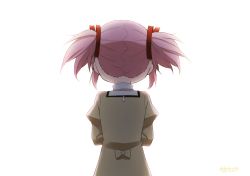 Rule 34 | 1girl, arms at sides, back, backlighting, beige ribbon, facing away, hair ribbon, high collar, highres, itou (ankocha-mgmg), juliet sleeves, kaname madoka, long sleeves, mahou shoujo madoka magica, mahou shoujo madoka magica (anime), mitakihara school uniform, nape, pink hair, puffy sleeves, red ribbon, ribbon, school uniform, short twintails, sidelocks, simple background, solo, standing, twintails, uniform, upper body, white background