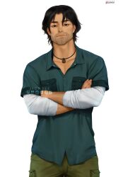 Rule 34 | aqua shirt, black eyes, black hair, chris mclean, facial hair, green pants, highres, jewelry, jyundee, layered sleeves, long sleeves, looking at viewer, male focus, mature male, medium hair, necklace, pants, pectorals, shirt, short over long sleeves, short sleeves, simple background, smile, stubble, total drama, white background