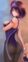 Rule 34 | 1girl, artist request, ass, bare shoulders, breasts, destiny child, flower, frej (destiny child), from behind, frown, hair flower, hair ornament, highres, large breasts, leotard, looking at viewer, looking back, neamhain (destiny child), pantyhose, purple eyes, purple hair, shiny skin, short hair, sideboob, solo, stuffed animal, stuffed toy, thong leotard