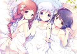 Rule 34 | 3girls, absurdres, backless dress, backless outfit, bare back, bed sheet, black hair, blue eyes, braid, brown eyes, brown hair, collarbone, dress, eyebrows, flat chest, flower, frilled pillow, frills, from above, girl sandwich, gochuumon wa usagi desu ka?, hair flower, hair ornament, hand on another&#039;s stomach, hands on own chest, highres, huge filesize, jouga maya, kafuu chino, long hair, lying, multiple girls, natsu megumi, on back, on side, open mouth, pillow, sandwiched, shiratama, shiratama (shiratamaco), short hair, silver hair, sundress, twin braids, white dress, wrist cuffs, yellow eyes
