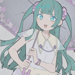 Rule 34 | 1girl, :d, bad id, bad twitter id, blue eyes, blunt bangs, bracelet, collared dress, commentary request, dress, flower, green hair, grey background, grey umbrella, hair flower, hair ornament, highres, holding, holding umbrella, jewelry, kemura (puripurinea), long hair, looking at viewer, open mouth, pink flower, pretty series, pripara, rain, short sleeves, smile, solo, standing, tsukikawa chili, two side up, umbrella