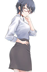 Rule 34 | 1girl, black skirt, blue hair, breasts, clenched hand, cowboy shot, glasses, hand on own hip, hand on own cheek, hand on own face, highres, idolmaster, idolmaster cinderella girls, light smile, looking at viewer, looking to the side, medium breasts, office lady, red-framed eyewear, shirt, short hair, sidelocks, simple background, skirt, solo, twisted torso, unu (unucence), wakui rumi, white background, white shirt