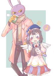 Rule 34 | 1boy, 1girl, alternate costume, animal ears, blue eyes, book, chinese commentary, commentary request, cup, custardmelts, hat, height difference, heterochromia, highres, holding, holding book, holding cup, jacket, jax (the amazing digital circus), looking down, musical note, open clothes, open jacket, pale skin, pomni (the amazing digital circus), rabbit, rabbit ears, red eyes, scarf, short hair, spoken musical note, the amazing digital circus, wings, winter clothes